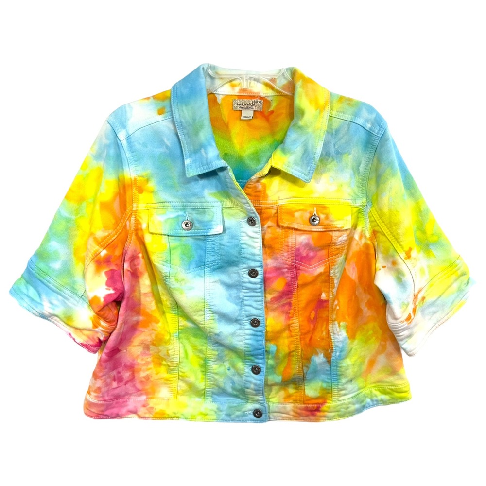 One World XXL Jacket Handmade Tie Dye‎ Cropped Short Sleeve Rainbow Denim 185